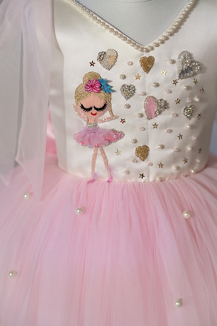 Off-White Bridal Satin & Net Hand Embroidered Tie-Up Dress For Girls by Ruchikalathlabel at Pernia's Pop Up Shop