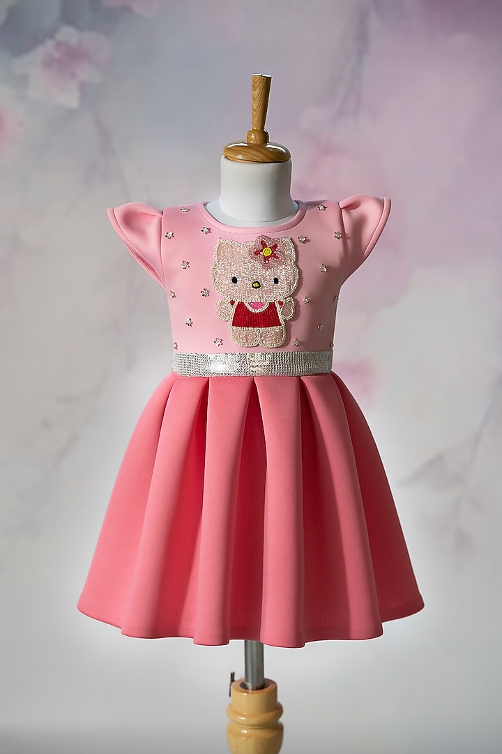 Pink Scuba & Neoprene Embroidered Dress For Girls by Ruchikalathlabel at Pernia's Pop Up Shop