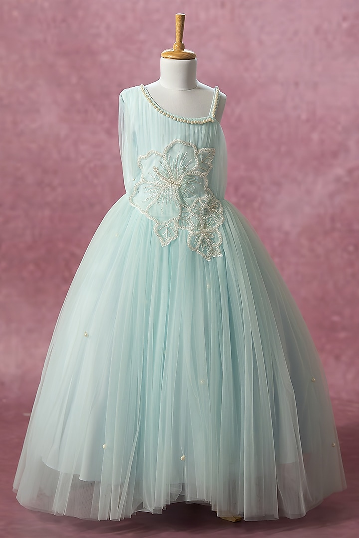 Blue Net Hand Embroidered Gown For Girls by Ruchikalathlabel at Pernia's Pop Up Shop