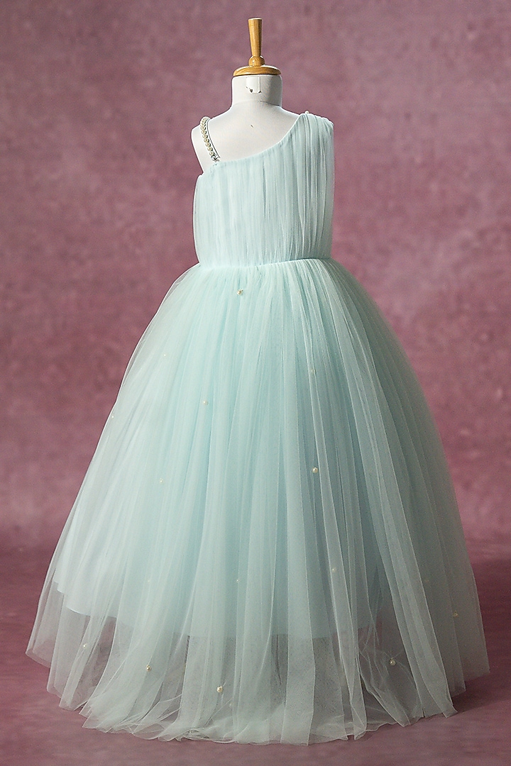 Blue Net Hand Embroidered Gown For Girls by Ruchikalathlabel at Pernia's Pop Up Shop