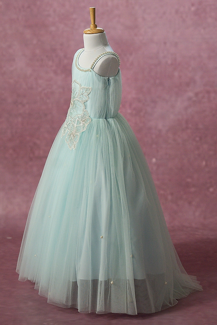 Blue Net Hand Embroidered Gown For Girls by Ruchikalathlabel at Pernia's Pop Up Shop