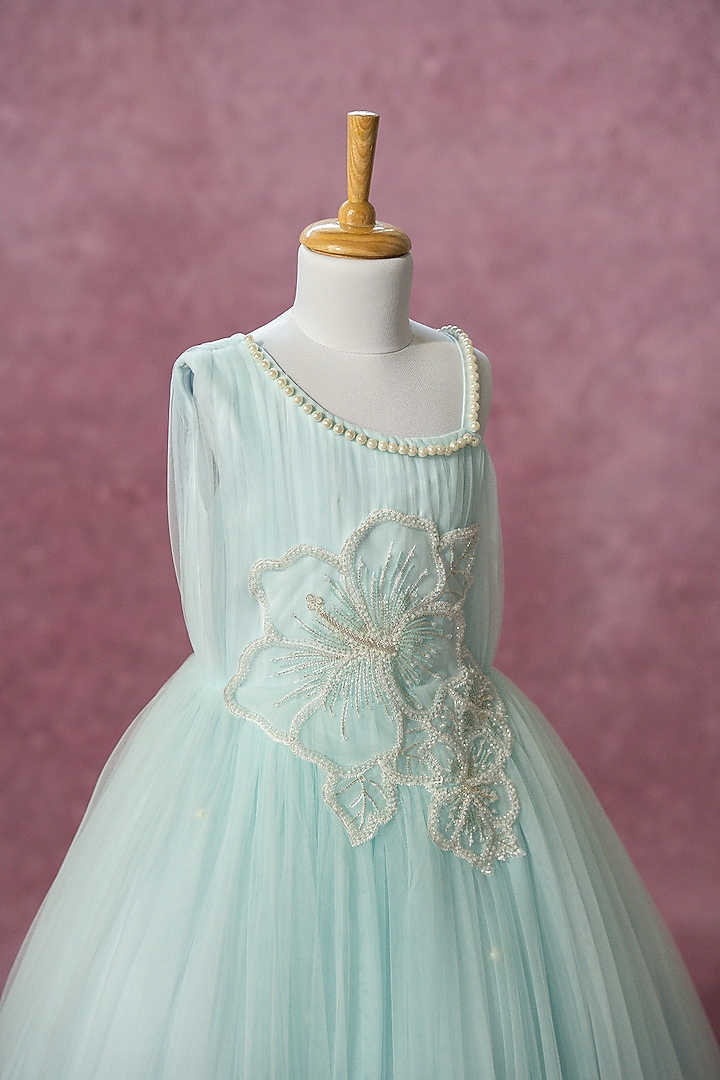 Blue Net Hand Embroidered Gown For Girls by Ruchikalathlabel at Pernia's Pop Up Shop
