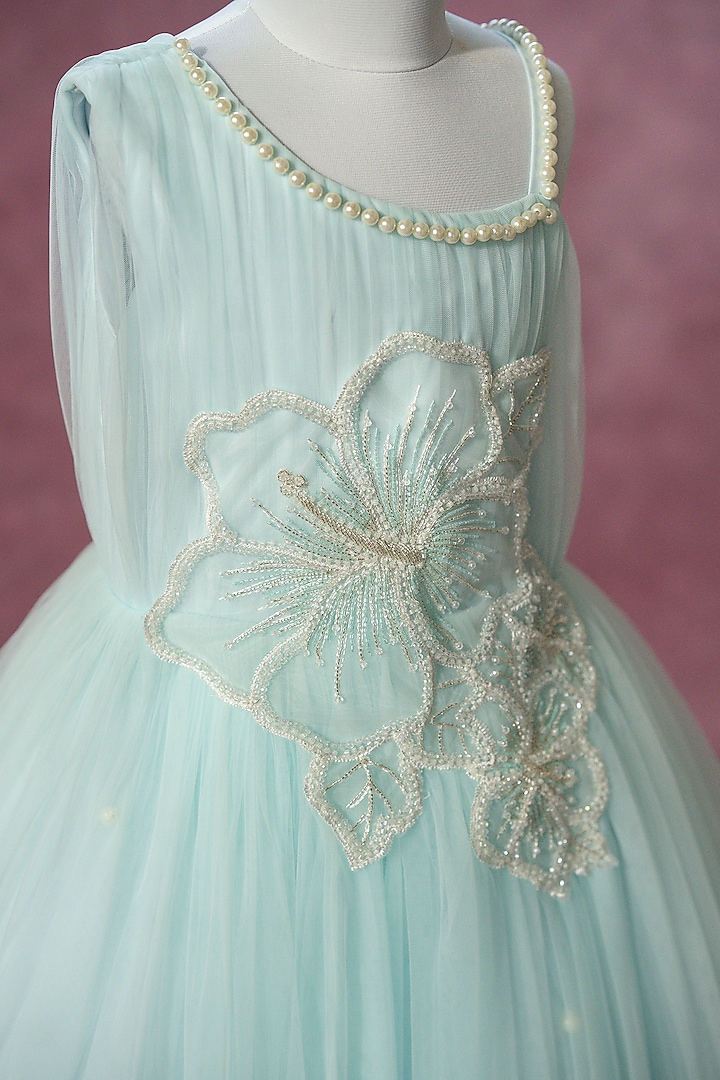 Blue Net Hand Embroidered Gown For Girls by Ruchikalathlabel at Pernia's Pop Up Shop