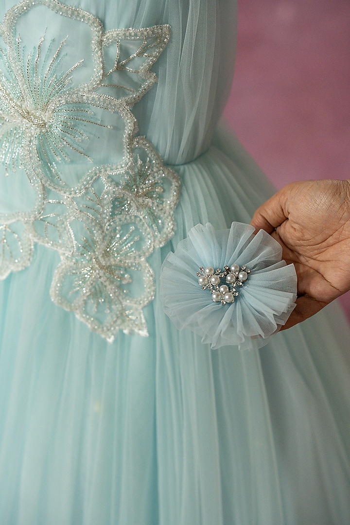 Blue Net Hand Embroidered Gown For Girls by Ruchikalathlabel at Pernia's Pop Up Shop