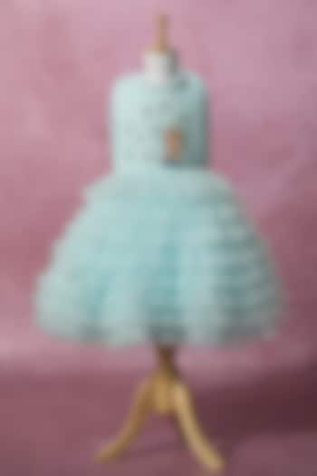 Blue Net Hand Embroidered Dress For Girls by Ruchikalathlabel at Pernia's Pop Up Shop