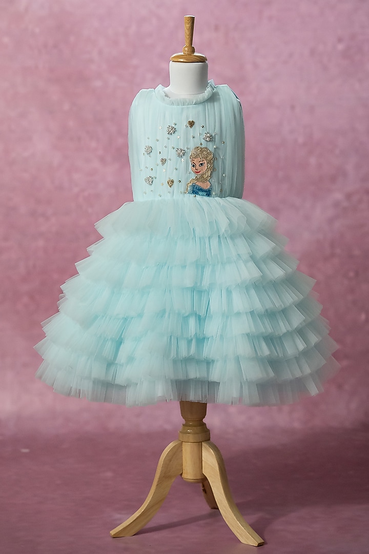 Blue Net Hand Embroidered Dress For Girls by Ruchikalathlabel at Pernia's Pop Up Shop