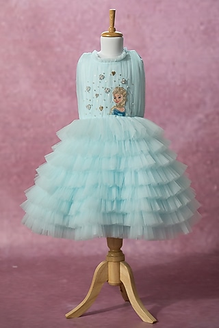 Blue Net Hand Embroidered Dress For Girls by Ruchikalathlabel