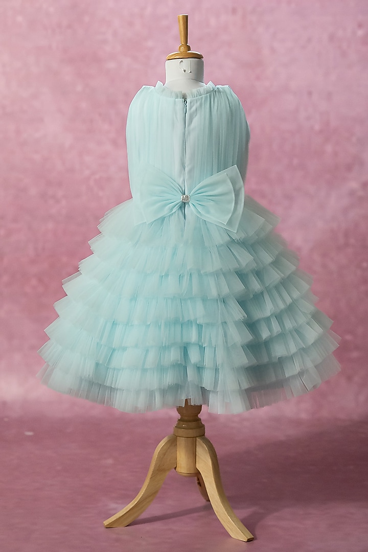 Blue Net Hand Embroidered Dress For Girls by Ruchikalathlabel at Pernia's Pop Up Shop