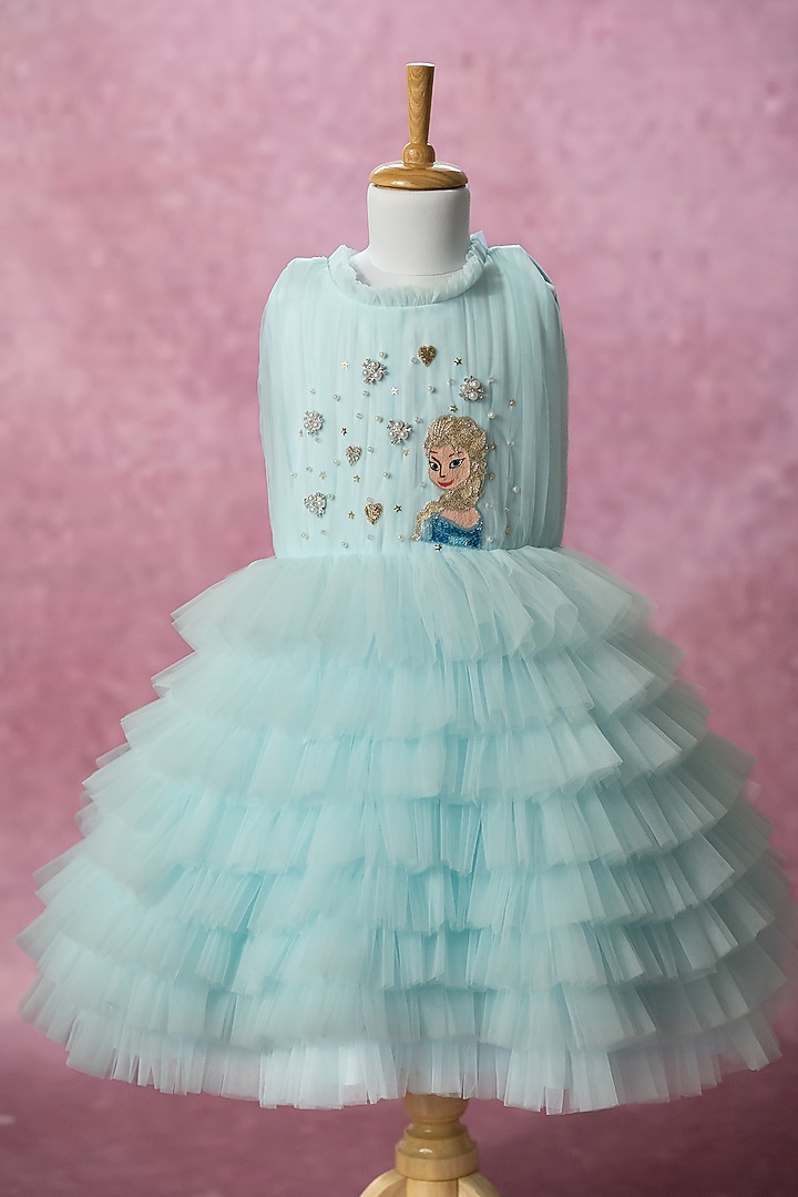 Blue Net Hand Embroidered Dress For Girls by Ruchikalathlabel at Pernia's Pop Up Shop