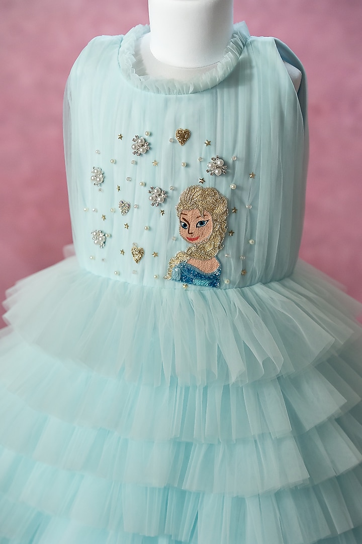 Blue Net Hand Embroidered Dress For Girls by Ruchikalathlabel at Pernia's Pop Up Shop