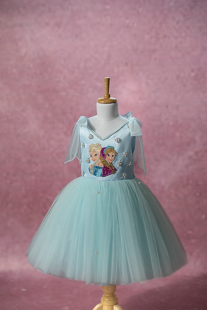 Blue Bridal Satin & Net Hand Embroidered Tie-Up Dress For Girls by Ruchikalathlabel at Pernia's Pop Up Shop