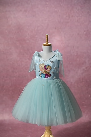 Blue Bridal Satin & Net Hand Embroidered Tie-Up Dress For Girls by Ruchikalathlabel