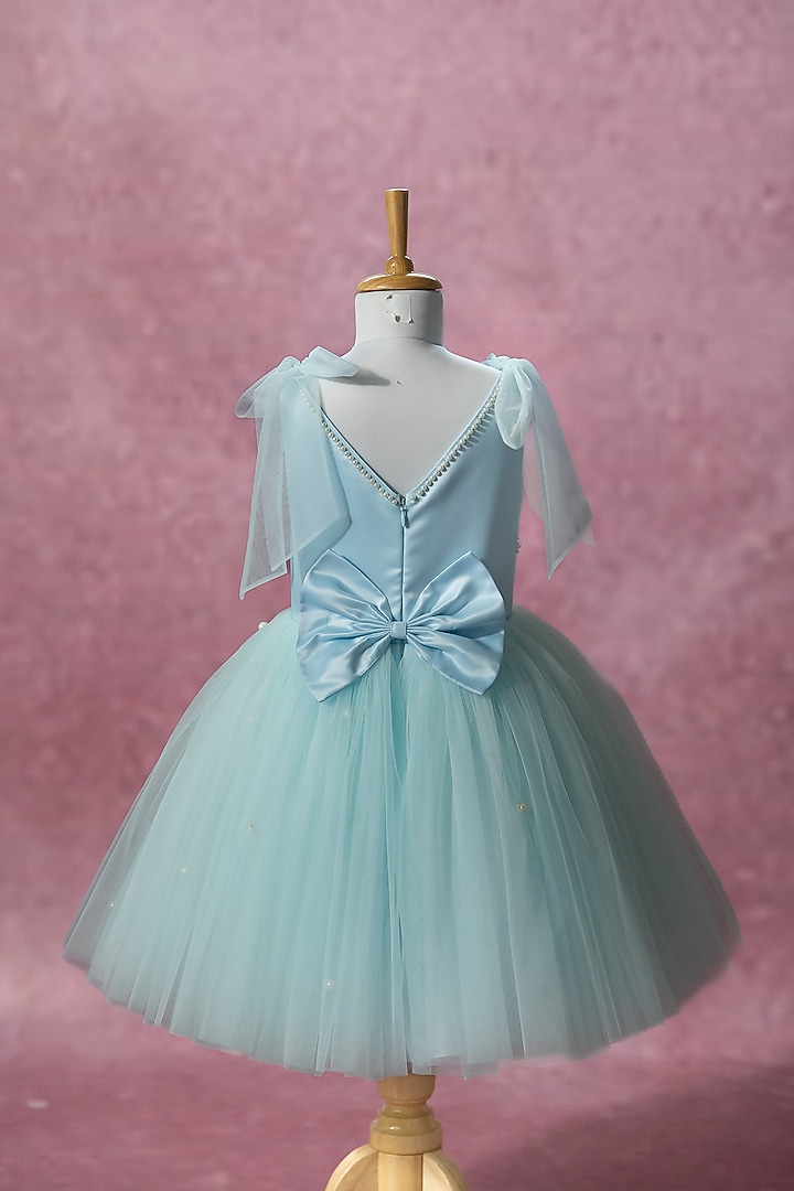 Blue Bridal Satin & Net Hand Embroidered Tie-Up Dress For Girls by Ruchikalathlabel at Pernia's Pop Up Shop