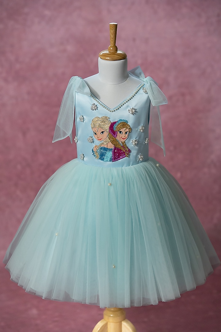 Blue Bridal Satin & Net Hand Embroidered Tie-Up Dress For Girls by Ruchikalathlabel at Pernia's Pop Up Shop