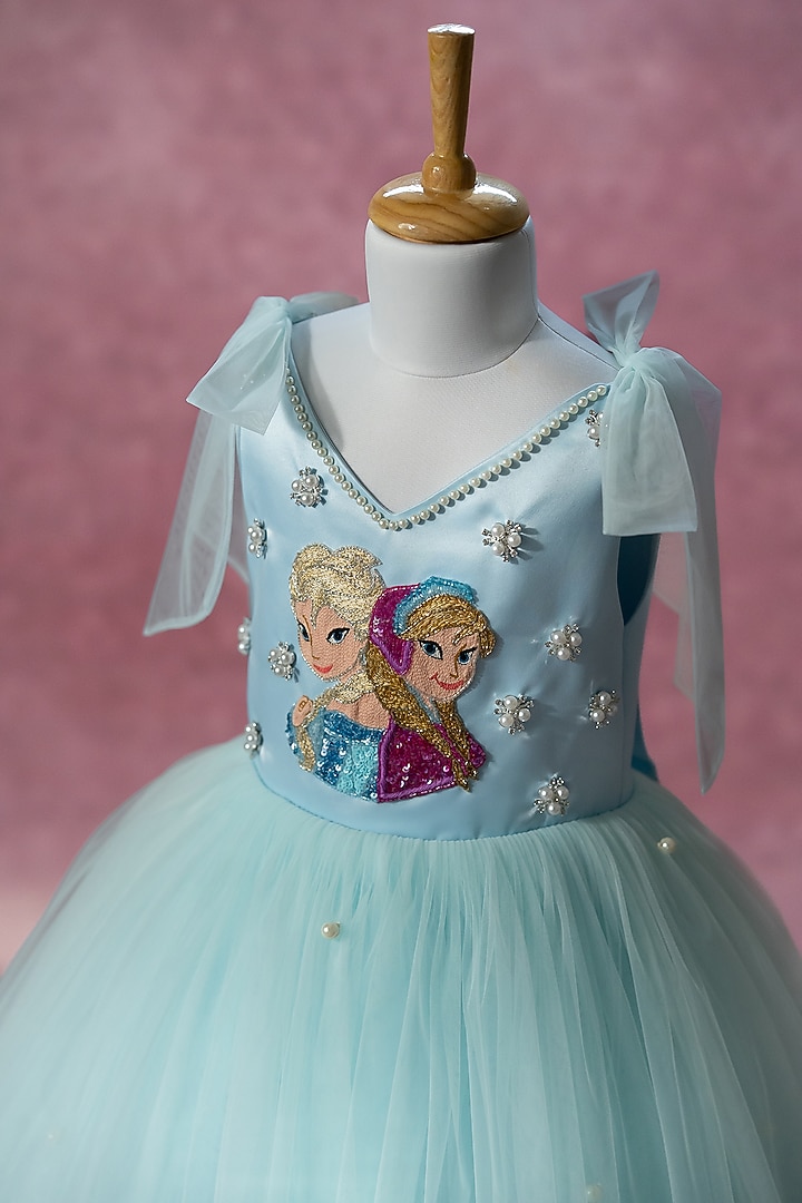 Blue Bridal Satin & Net Hand Embroidered Tie-Up Dress For Girls by Ruchikalathlabel at Pernia's Pop Up Shop