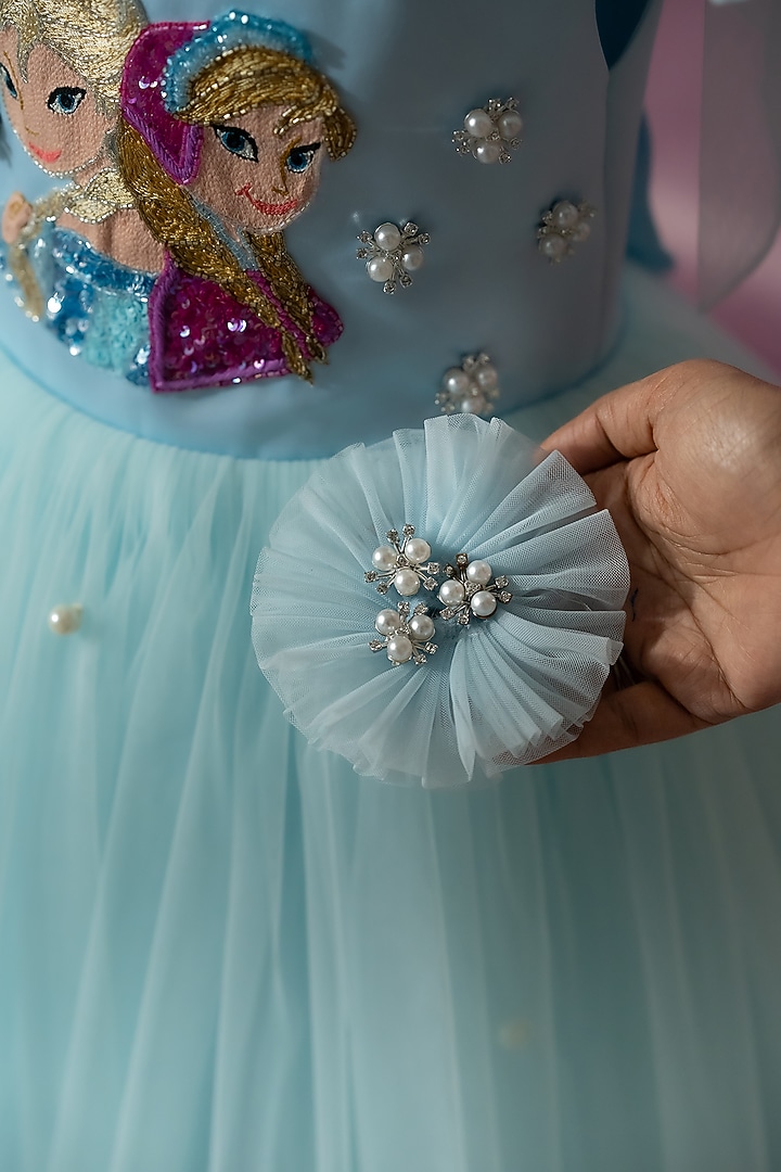 Blue Bridal Satin & Net Hand Embroidered Tie-Up Dress For Girls by Ruchikalathlabel at Pernia's Pop Up Shop
