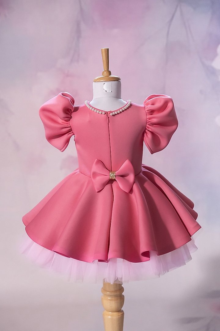 Pink Scuba Hand Embroidered Dress For Girls by Ruchikalathlabel at Pernia's Pop Up Shop