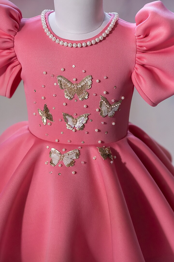 Pink Scuba Hand Embroidered Dress For Girls by Ruchikalathlabel at Pernia's Pop Up Shop