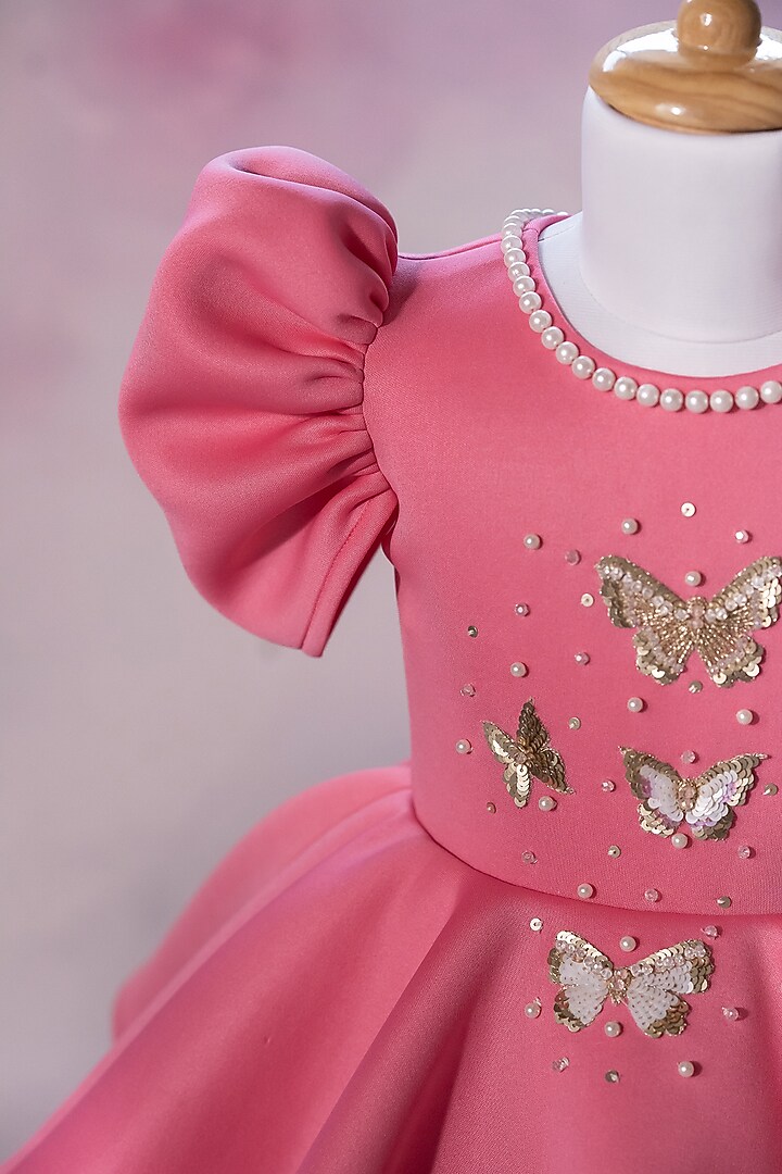 Pink Scuba Hand Embroidered Dress For Girls by Ruchikalathlabel at Pernia's Pop Up Shop