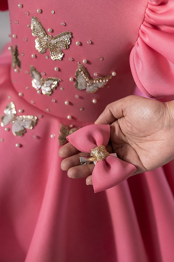 Pink Scuba Hand Embroidered Dress For Girls by Ruchikalathlabel at Pernia's Pop Up Shop