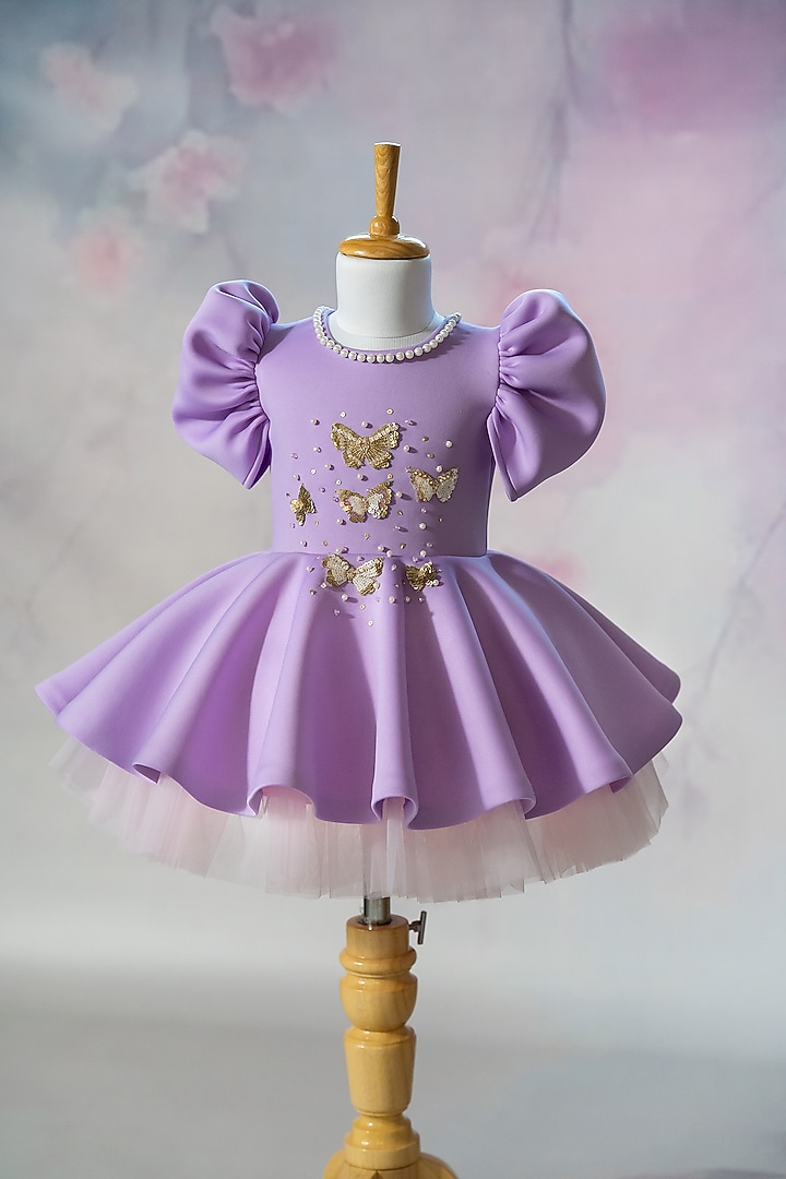 Lavender Scuba Hand Embroidered Dress For Girls by Ruchikalathlabel at Pernia's Pop Up Shop
