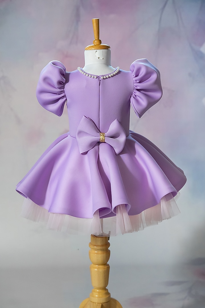 Lavender Scuba Hand Embroidered Dress For Girls by Ruchikalathlabel at Pernia's Pop Up Shop