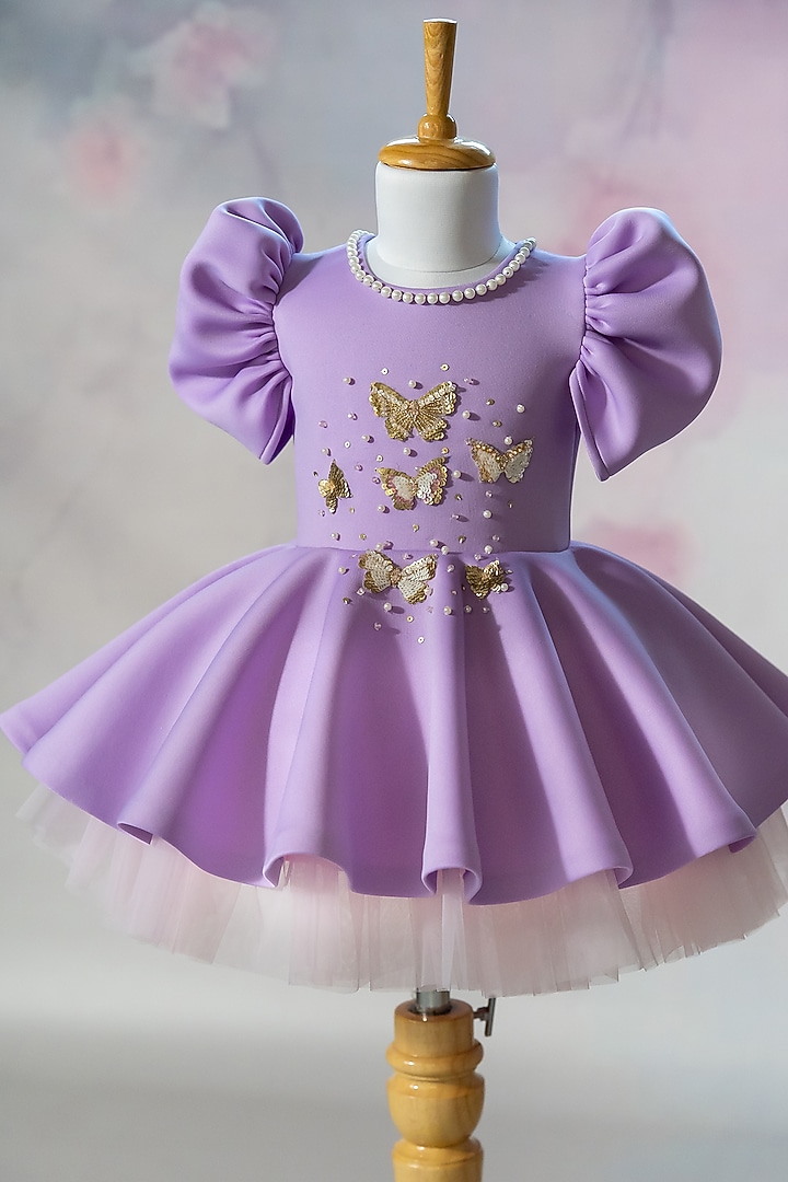 Lavender Scuba Hand Embroidered Dress For Girls by Ruchikalathlabel at Pernia's Pop Up Shop