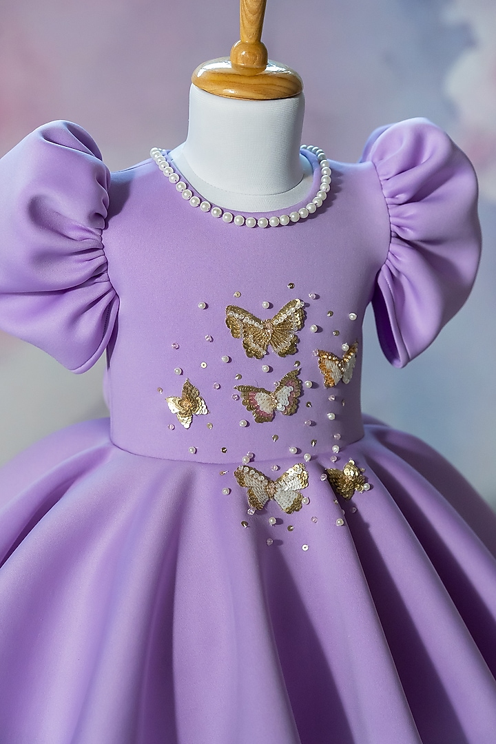 Lavender Scuba Hand Embroidered Dress For Girls by Ruchikalathlabel at Pernia's Pop Up Shop