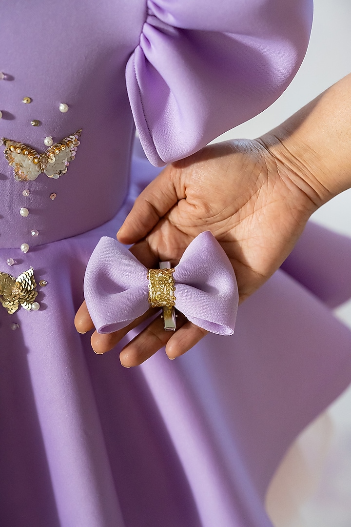 Lavender Scuba Hand Embroidered Dress For Girls by Ruchikalathlabel at Pernia's Pop Up Shop