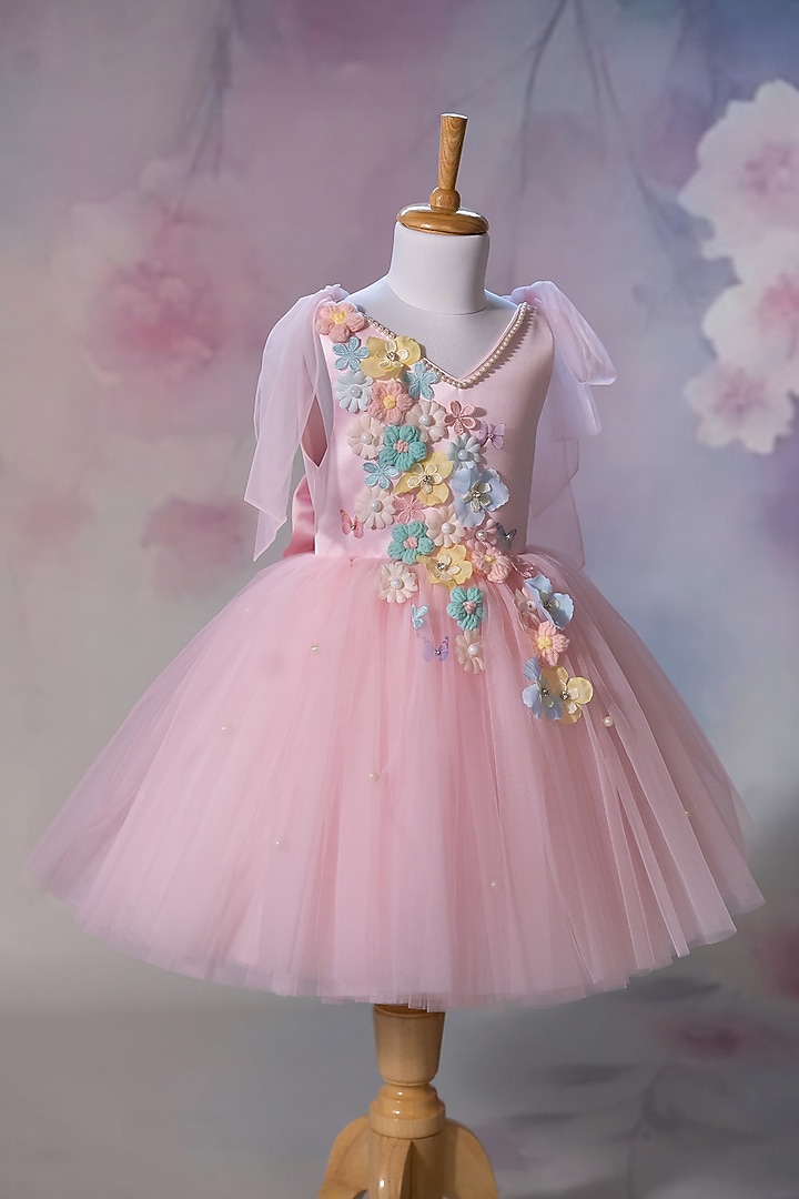 Pink Bridal Satin & Net Embroidered Dress For Girls by Ruchikalathlabel at Pernia's Pop Up Shop