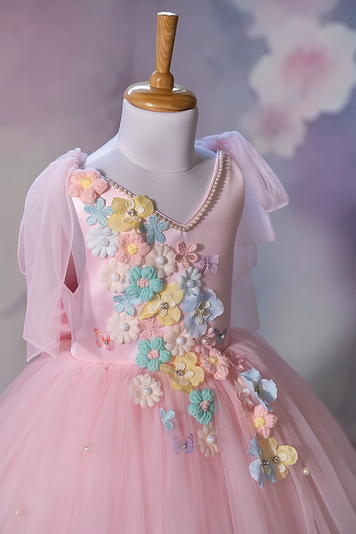 Pink Bridal Satin & Net Embroidered Dress For Girls by Ruchikalathlabel at Pernia's Pop Up Shop