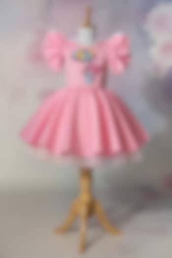 Pink Scuba Hand Embroidered Dress For Girls by Ruchikalathlabel at Pernia's Pop Up Shop