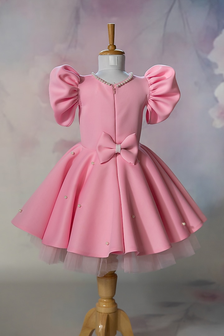 Pink Scuba Hand Embroidered Dress For Girls by Ruchikalathlabel at Pernia's Pop Up Shop