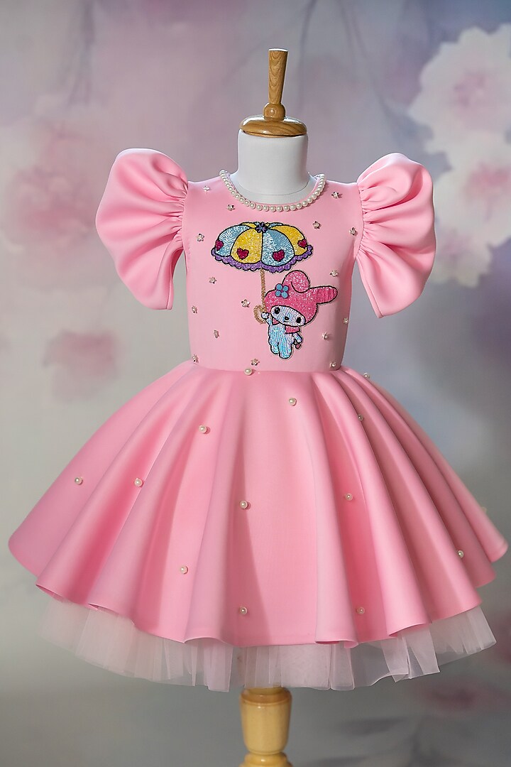 Pink Scuba Hand Embroidered Dress For Girls by Ruchikalathlabel at Pernia's Pop Up Shop
