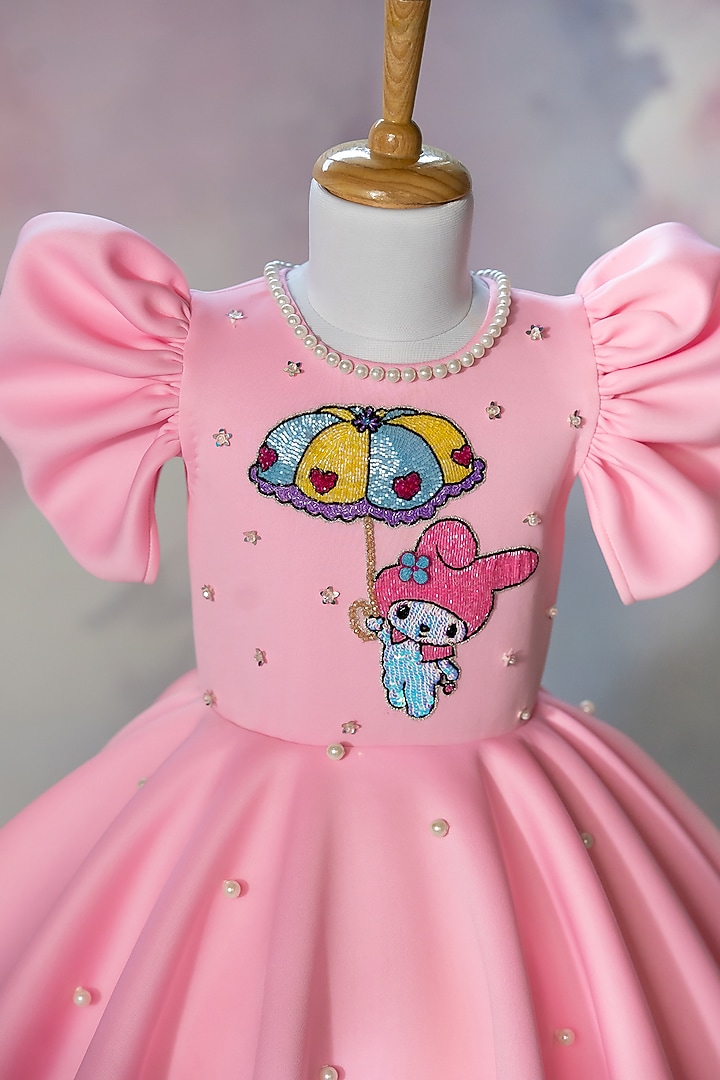 Pink Scuba Hand Embroidered Dress For Girls by Ruchikalathlabel at Pernia's Pop Up Shop