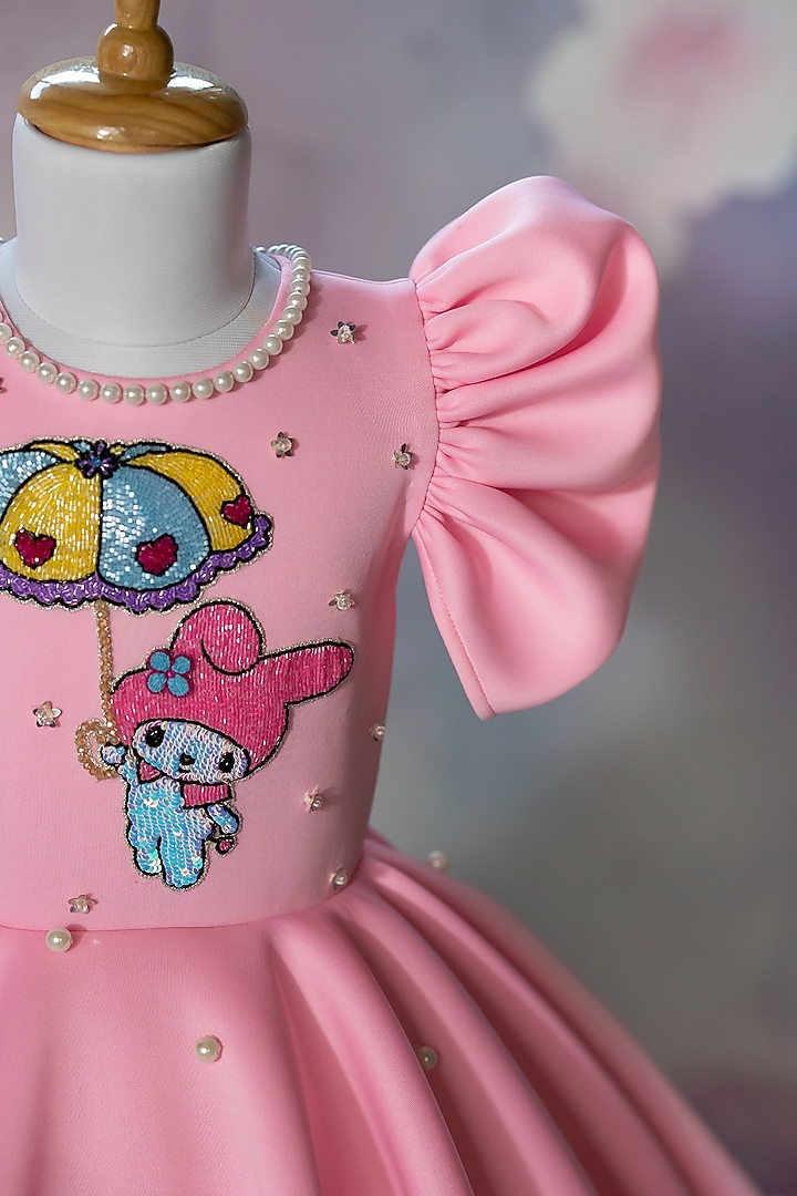 Pink Scuba Hand Embroidered Dress For Girls by Ruchikalathlabel at Pernia's Pop Up Shop