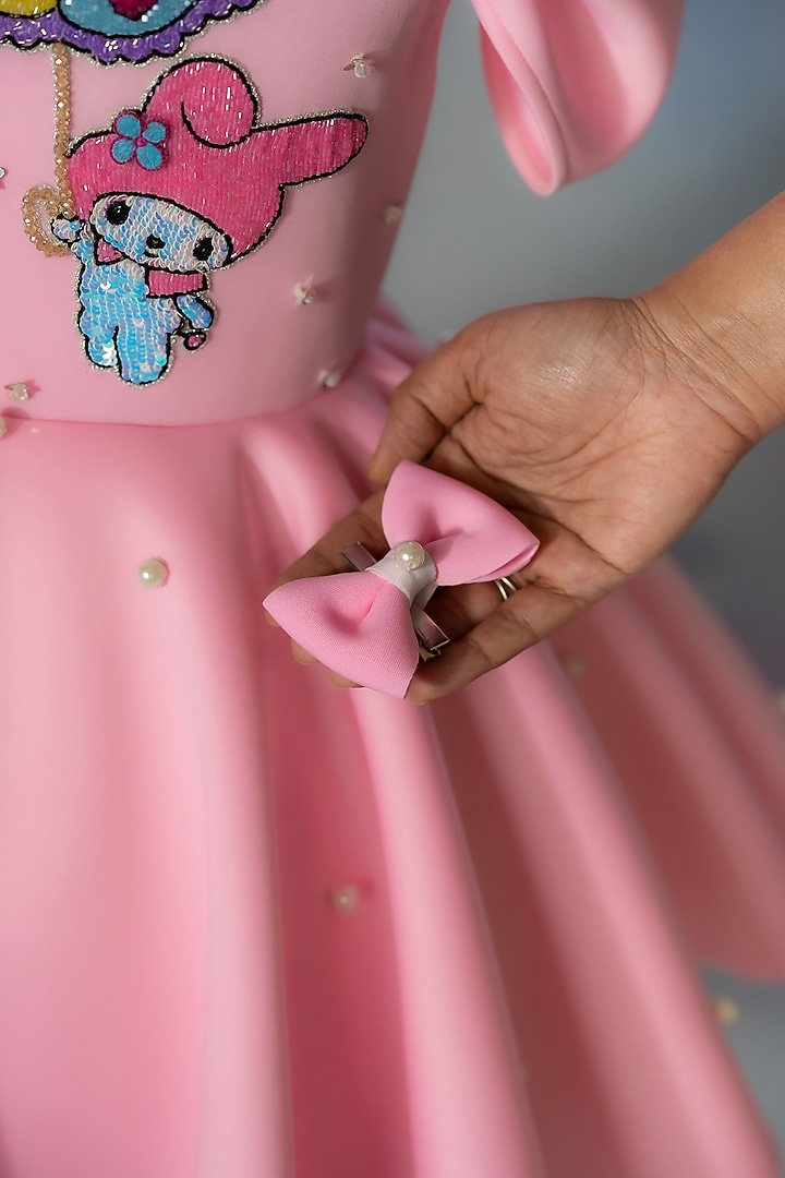Pink Scuba Hand Embroidered Dress For Girls by Ruchikalathlabel at Pernia's Pop Up Shop