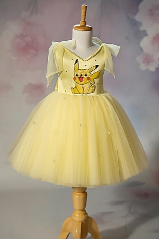 Yellow Bridal Satin & Net Hand Embroidered Tie-Up Dress For Girls by Ruchikalathlabel
