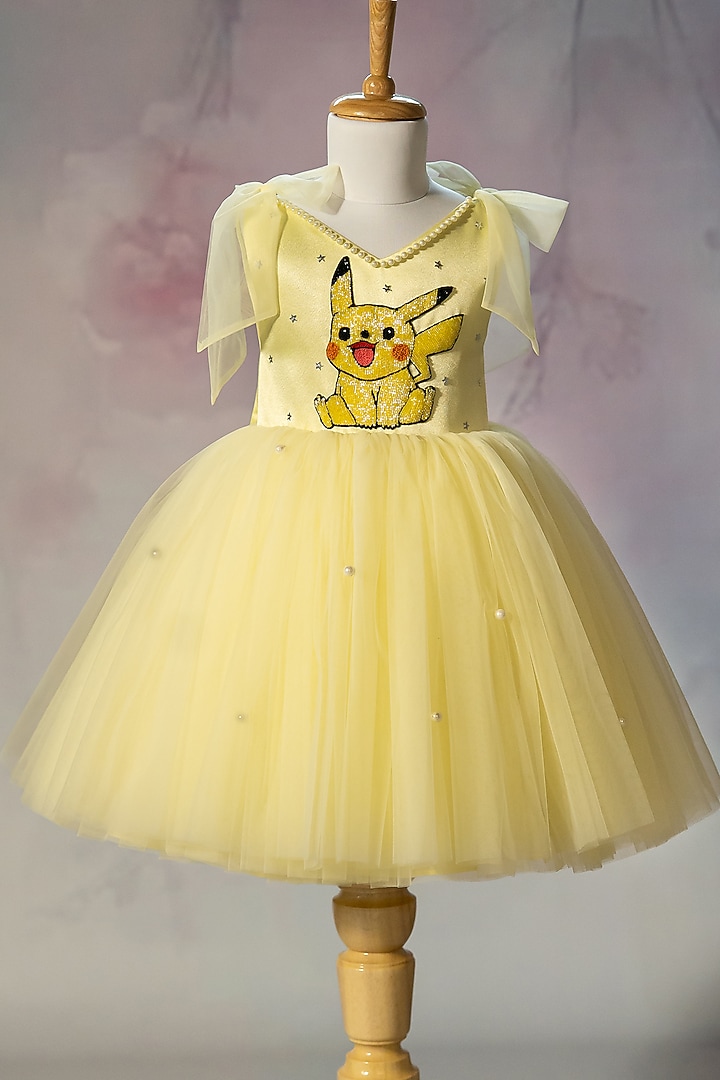 Yellow Bridal Satin & Net Hand Embroidered Tie-Up Dress For Girls by Ruchikalathlabel at Pernia's Pop Up Shop