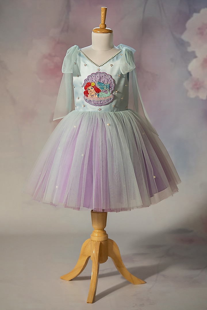 Blue Bridal Satin & Net Hand Embroidered Tie-Up Dress For Girls by Ruchikalathlabel at Pernia's Pop Up Shop