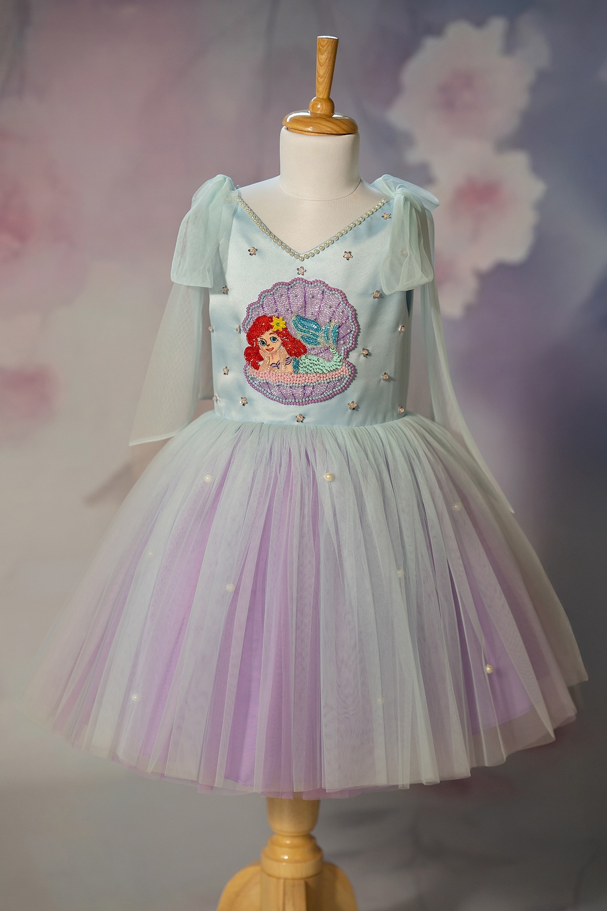 Blue Bridal Satin & Net Hand Embroidered Tie-Up Dress For Girls by ...