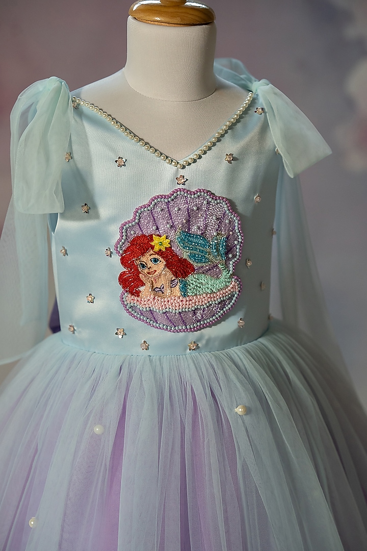 Blue Bridal Satin & Net Hand Embroidered Tie-Up Dress For Girls by Ruchikalathlabel at Pernia's Pop Up Shop