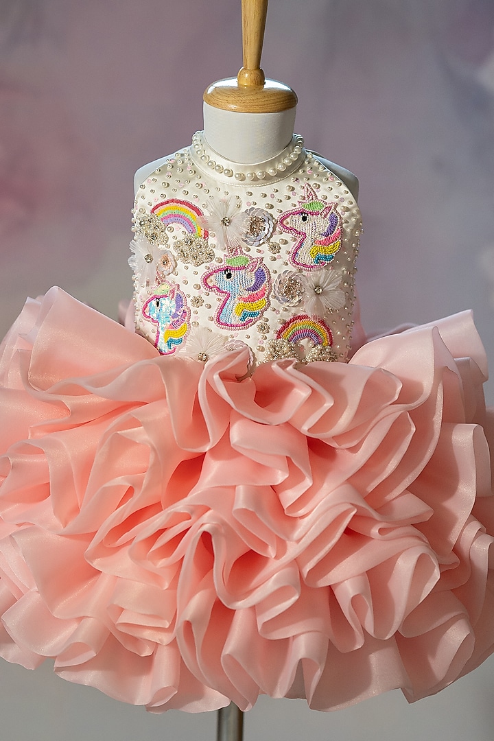 Pink Organza Hand Embroidered Gown For Girls by Ruchikalathlabel at Pernia's Pop Up Shop