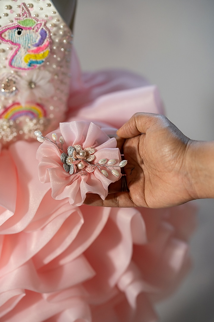 Pink Organza Hand Embroidered Gown For Girls by Ruchikalathlabel at Pernia's Pop Up Shop