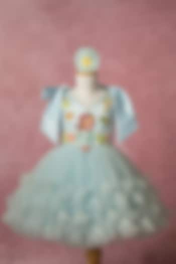 Blue Bridal Satin & Net Hand Embroidered Tie-Up Dress For Girls by Ruchikalathlabel at Pernia's Pop Up Shop