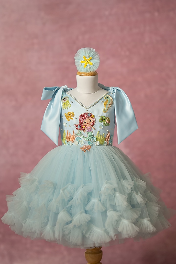 Blue Bridal Satin & Net Hand Embroidered Tie-Up Dress For Girls by Ruchikalathlabel at Pernia's Pop Up Shop