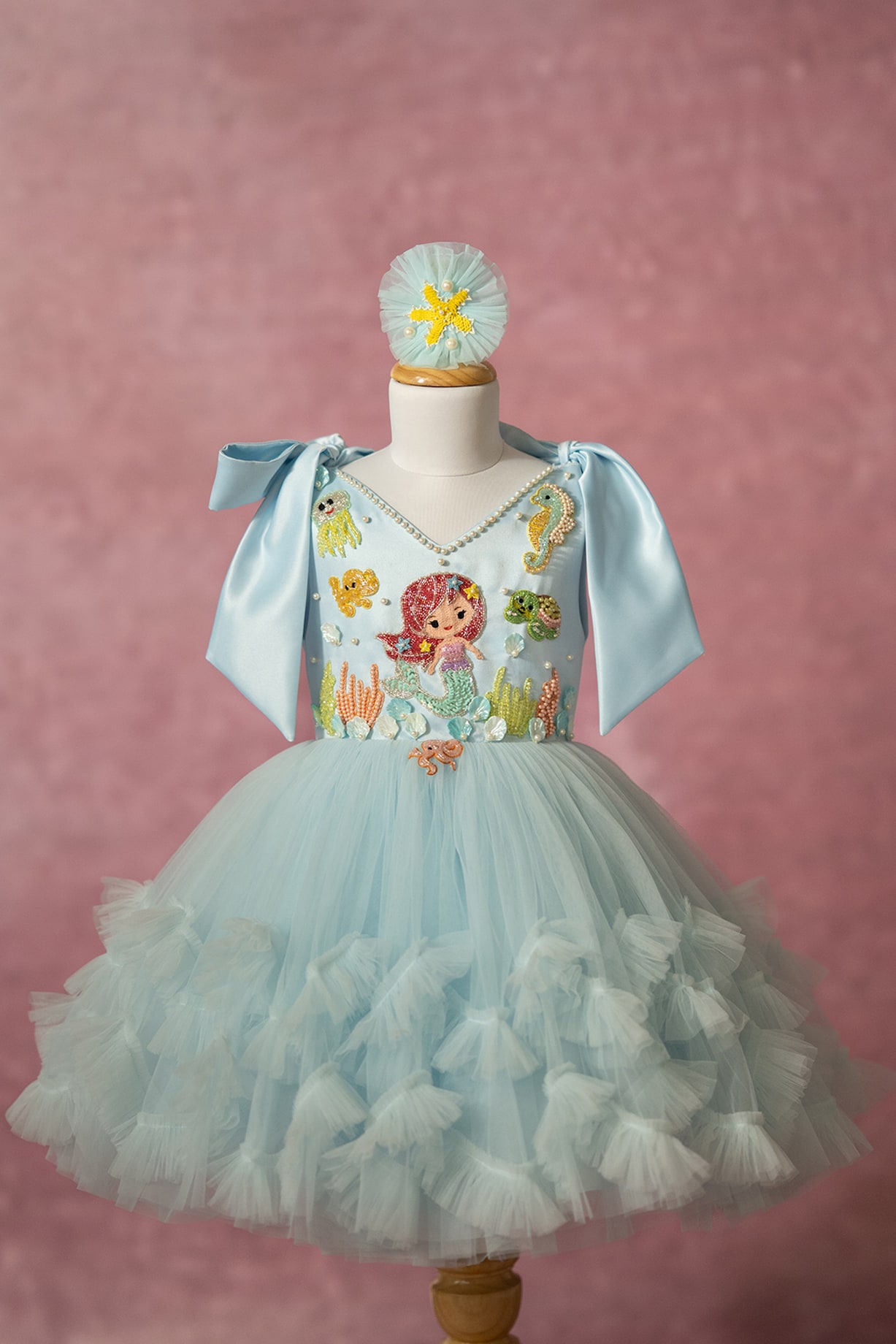 Blue Bridal Satin & Net Hand Embroidered Tie-Up Dress For Girls by ...