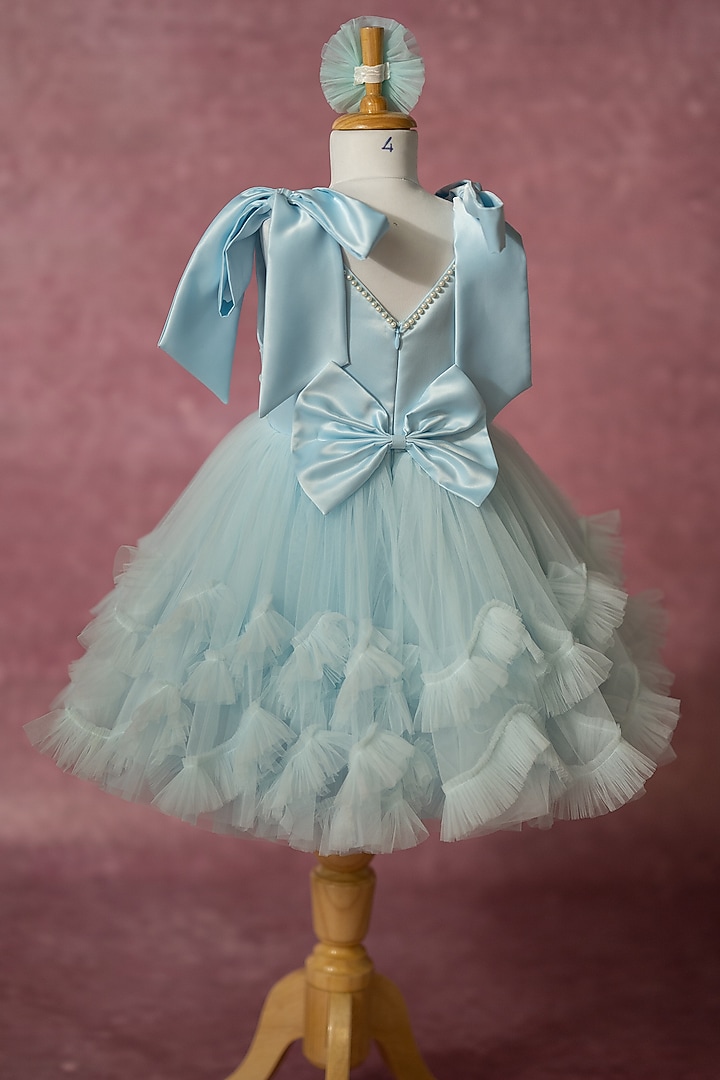 Blue Bridal Satin & Net Hand Embroidered Tie-Up Dress For Girls by Ruchikalathlabel at Pernia's Pop Up Shop
