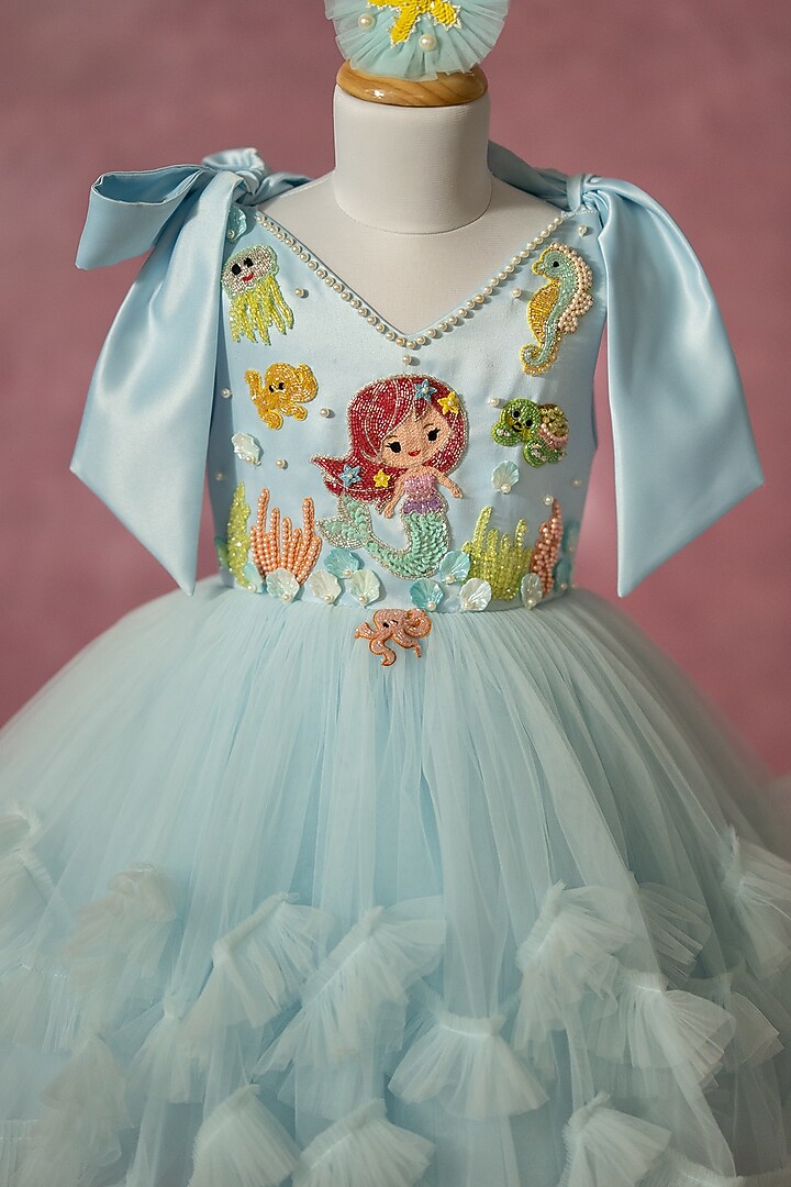Blue Bridal Satin & Net Hand Embroidered Tie-Up Dress For Girls by Ruchikalathlabel at Pernia's Pop Up Shop