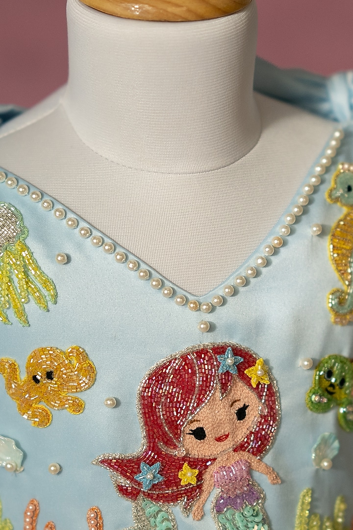 Blue Bridal Satin & Net Hand Embroidered Tie-Up Dress For Girls by Ruchikalathlabel at Pernia's Pop Up Shop